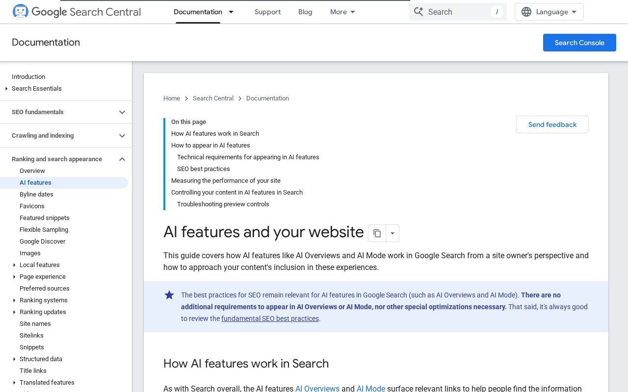 Google Search Central documentation on AI features, captured 8 September 2026. The highlighted guidance says no special optimisation is required for AI Overviews or AI Mode.