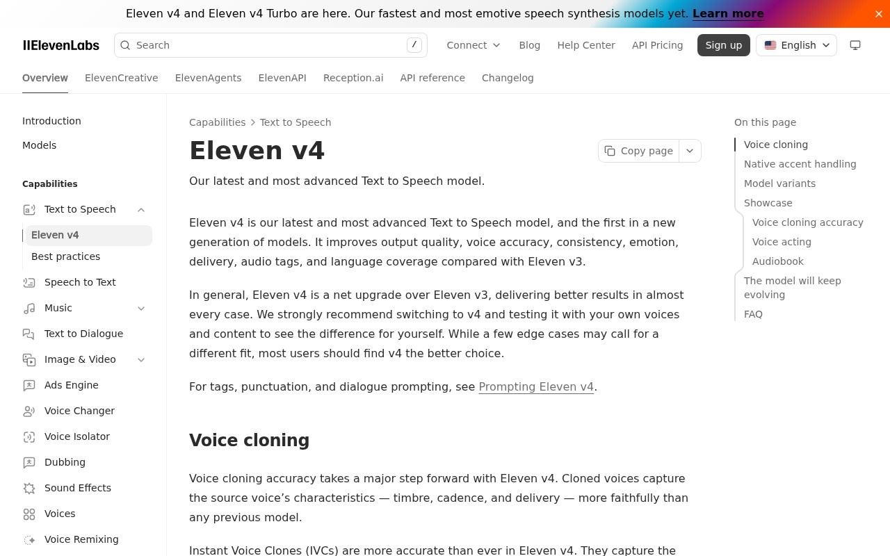 The Eleven v4 page in the ElevenLabs documentation, captured October 13, 2026.