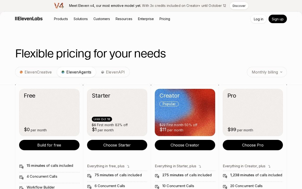 ElevenAgents plan cards showing included call minutes and concurrency, captured October 13, 2026. Source: elevenlabs.io/pricing/agents.