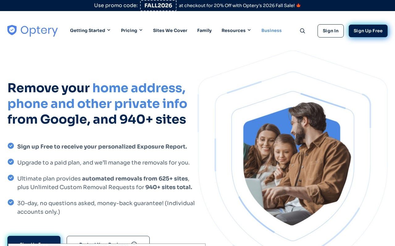 The Optery homepage at optery.com, showing the 940+ sites claim and the 30-day guarantee, captured October 20, 2026.