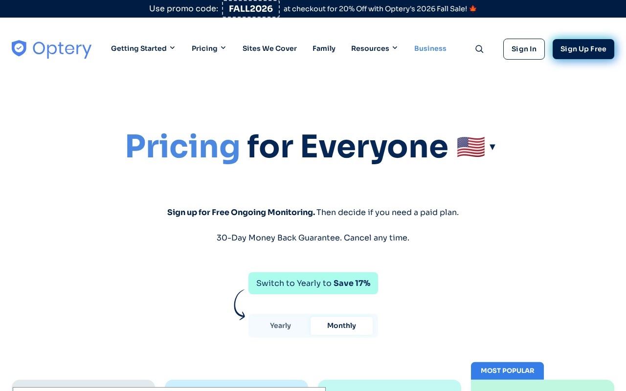 The top of Optery's pricing page, showing the 30-day money back guarantee and the 17% annual discount, captured October 20, 2026.